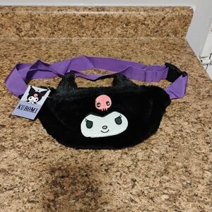 Black Plush Kids Waist Bag with Purple Strap